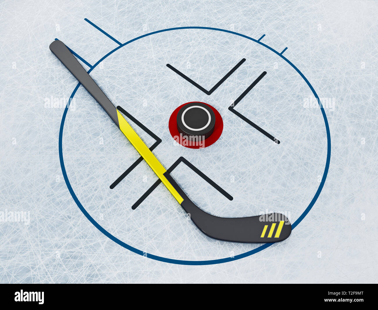 Bâton de hockey sur glace et rondelle lors de la glace arrière-plan. rayé 3D illustration. Banque D'Images