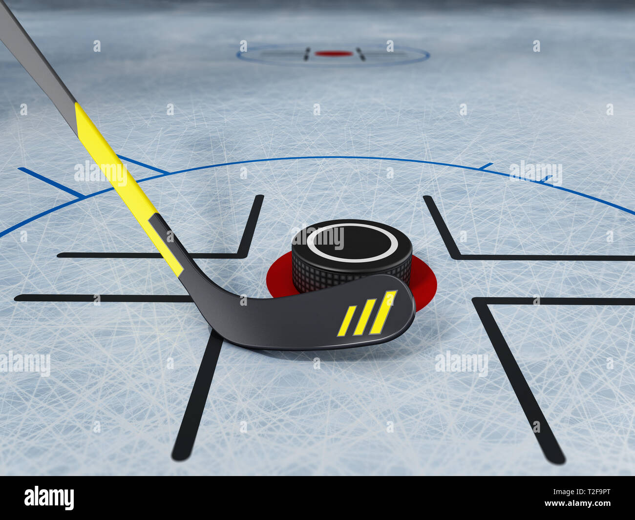 Bâton de hockey sur glace et rondelle lors de la glace arrière-plan. rayé 3D illustration. Banque D'Images