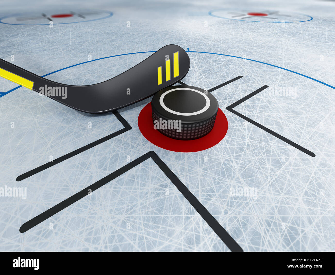 Bâton de hockey sur glace et rondelle lors de la glace arrière-plan. rayé 3D illustration. Banque D'Images