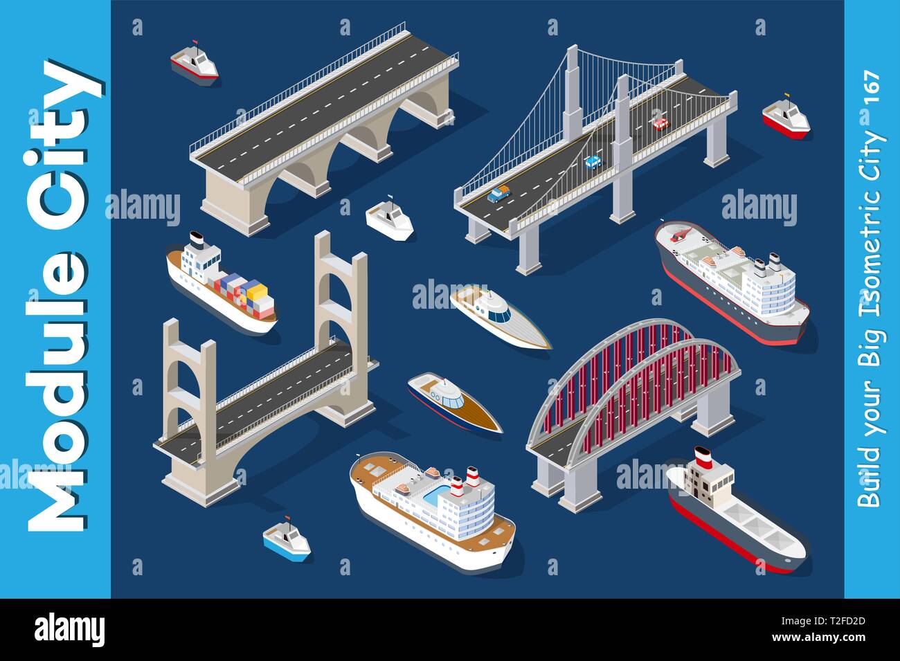 Modèles isométriques de navires, yachts, bateaux, et l'industrie des véhicules de fret maritime avec des ponts Illustration de Vecteur