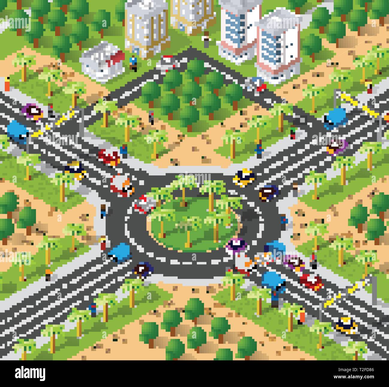 Illustration d'une zone urbaine avec une intersection, rues, maisons et arbres. Le paysage de l'infrastructure de la ville. Illustration de Vecteur