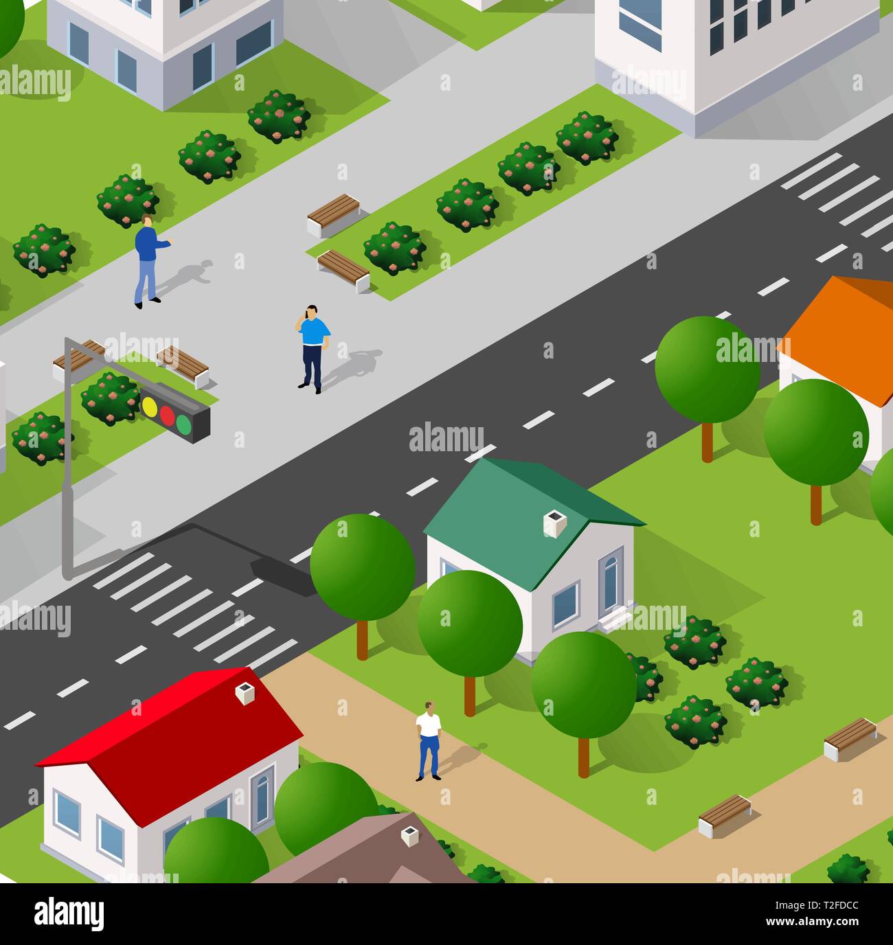 L'architecture urbaine Zone de renseignement avec les rues, maisons et arbres. Le paysage de l'infrastructure urbaine. Illustration de Vecteur