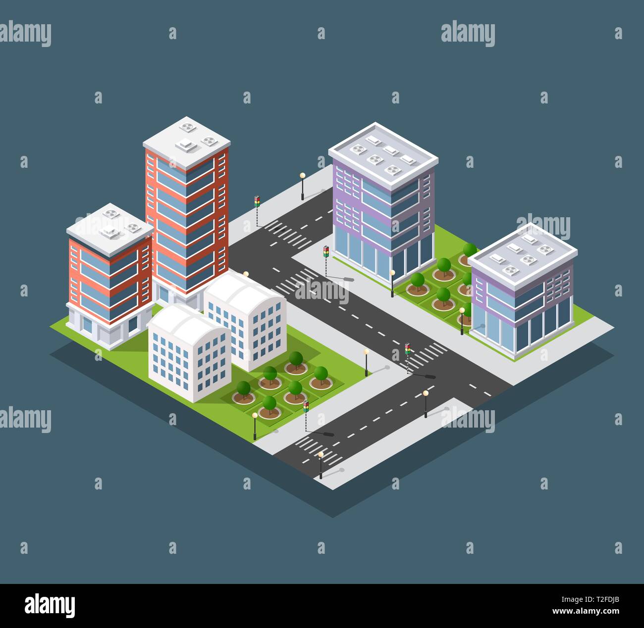Bloc de ville isométrique et de l'infrastructure urbaine de maisons, rues et arbres. Illustration de Vecteur