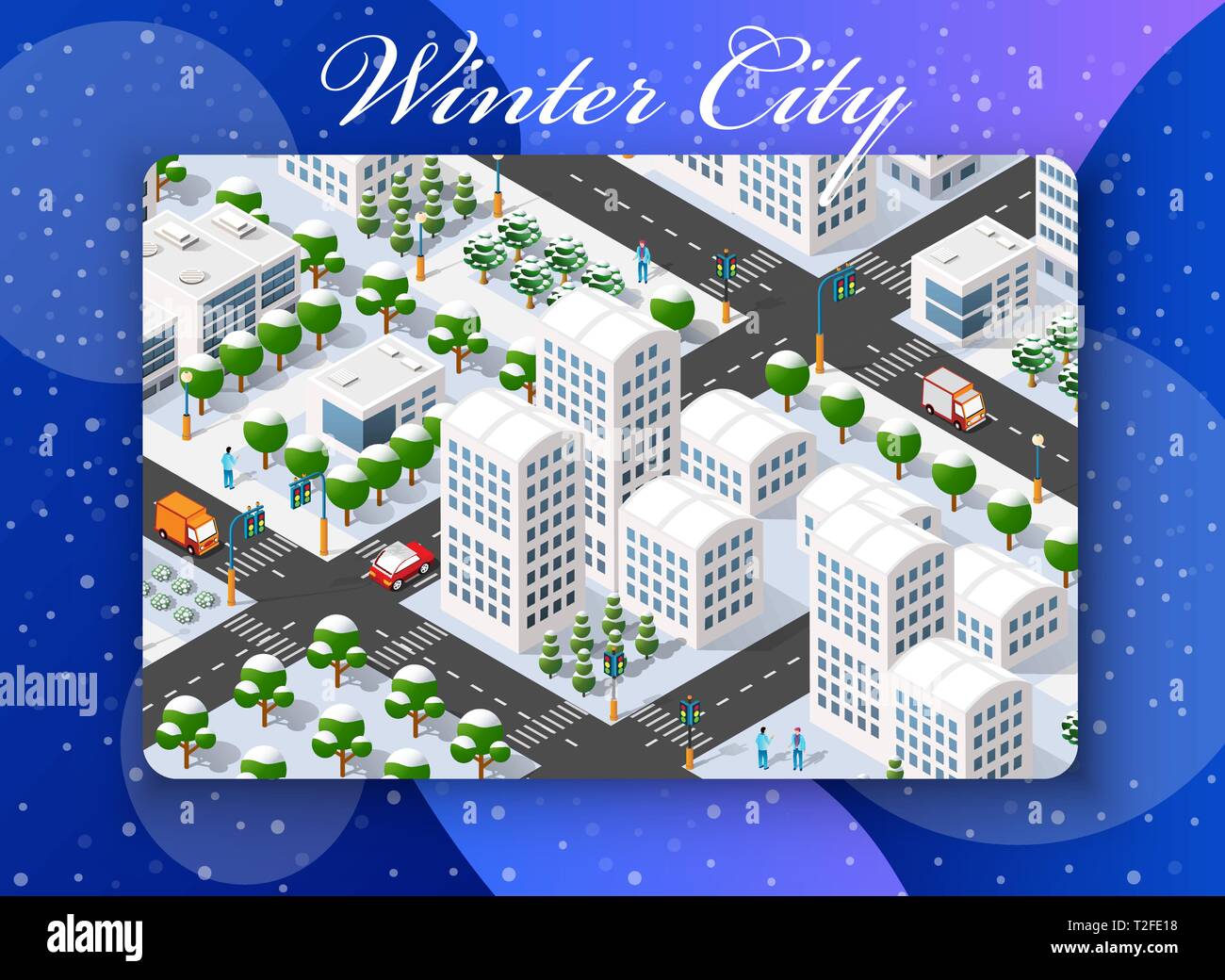 Noël de l'hiver, le Nouvel An est une ville isométrique avec des rues, des routes, des maisons et des transports. Illustration de Vecteur