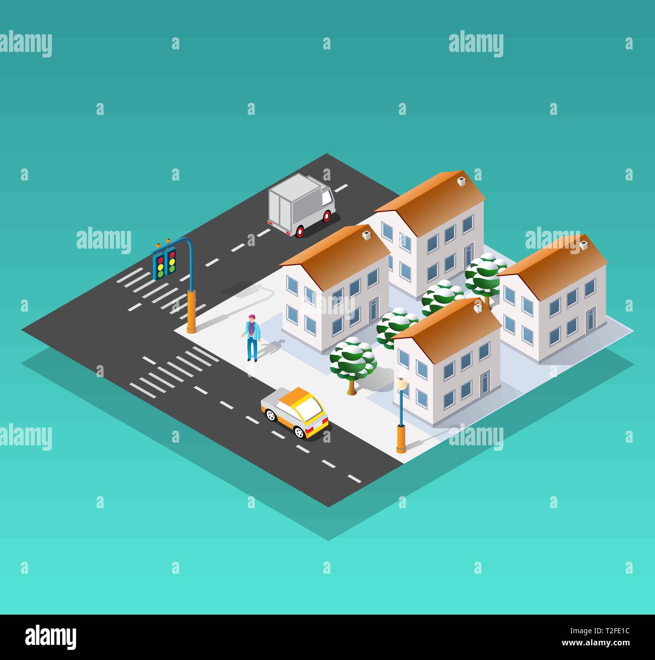 Noël d'hiver, et le nouvel an est une ville isométrique avec des rues, des routes, des maisons, et des transports. Illustration de Vecteur