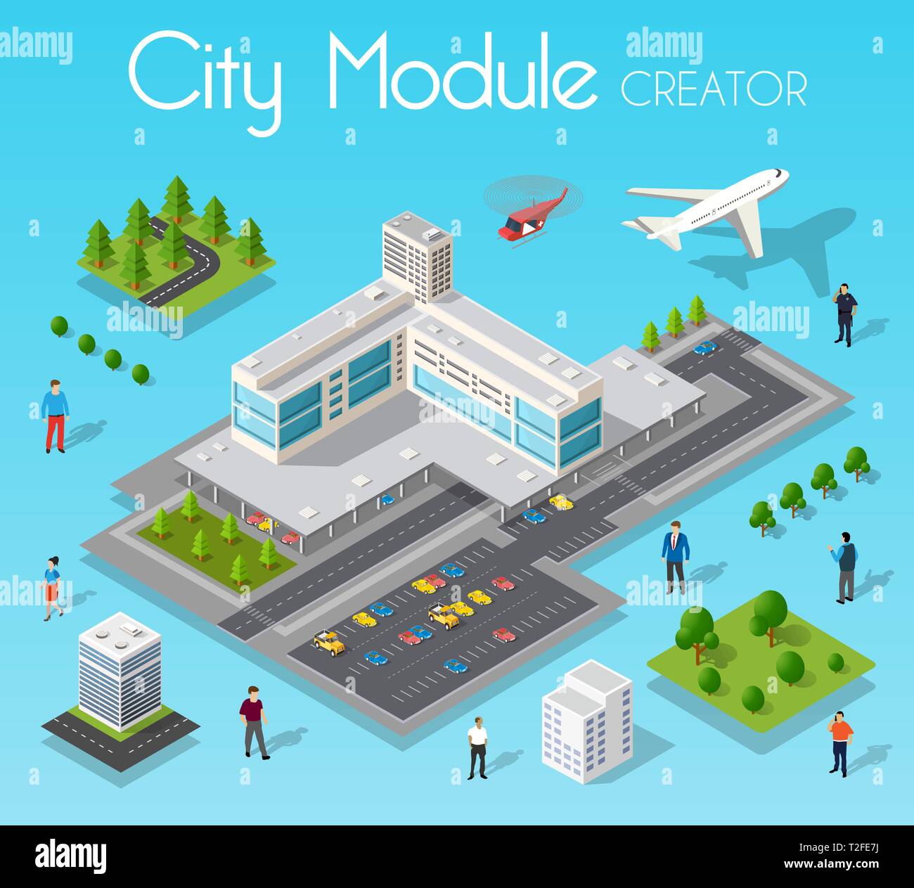 Option module isométrique ville avec aéroport avec piste de l'immeuble urbain architecture vectorielle. Illustration moderne de conception et d'affaires de jeu forme bac Illustration de Vecteur