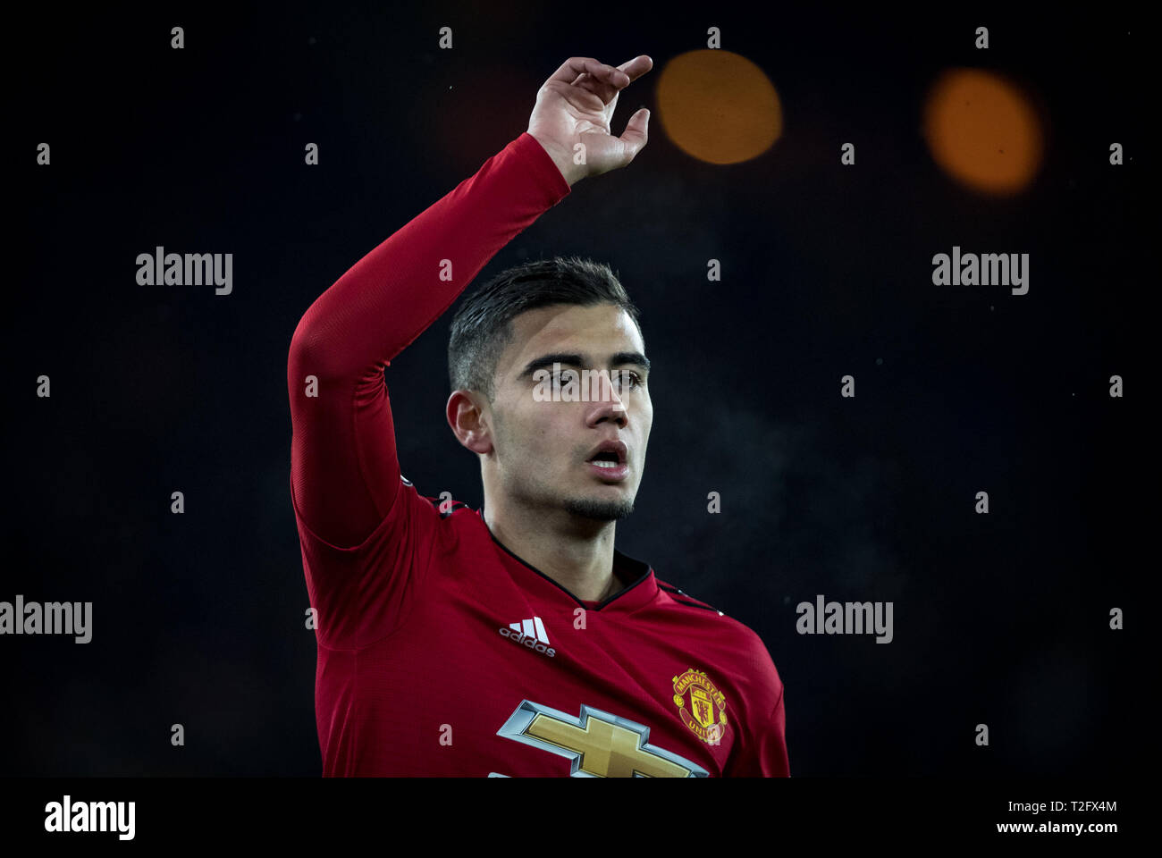 Wolverhampton, Royaume-Uni. Apr 02, 2019. Andreas Pereira de Man Utd au cours de la Premier League match entre Wolverhampton Wanderers et Manchester United à Molineux, Wolverhampton, Angleterre le 2 avril 2019. Photo par Andy Rowland. Crédit : Andrew Rowland/Alamy Live News Banque D'Images