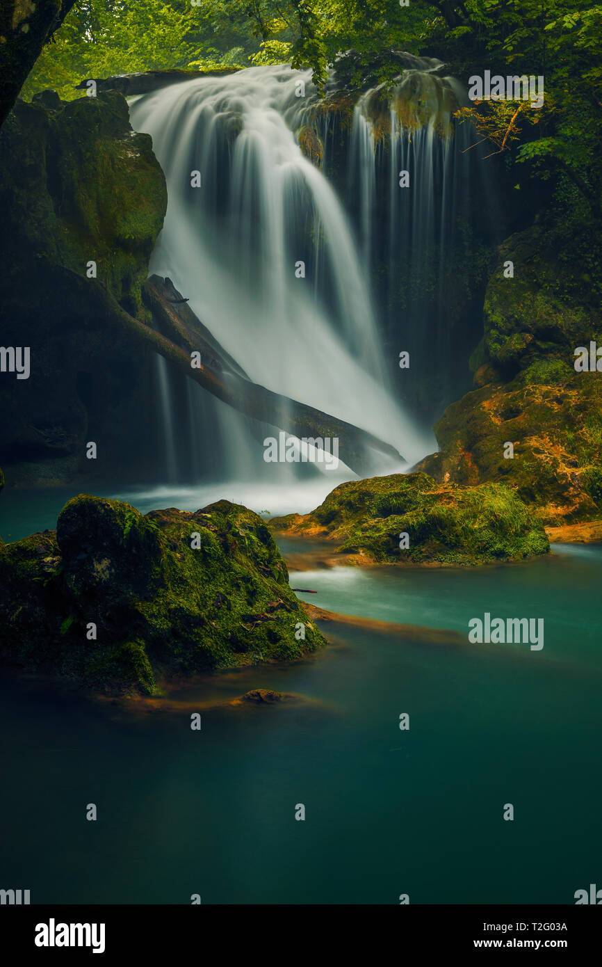 Une belle cascade dans les montagnes de tomber sur un journal avec des roches de l'arbre au premier plan recouvert de mousse verte tourné avec une longue exposition Banque D'Images