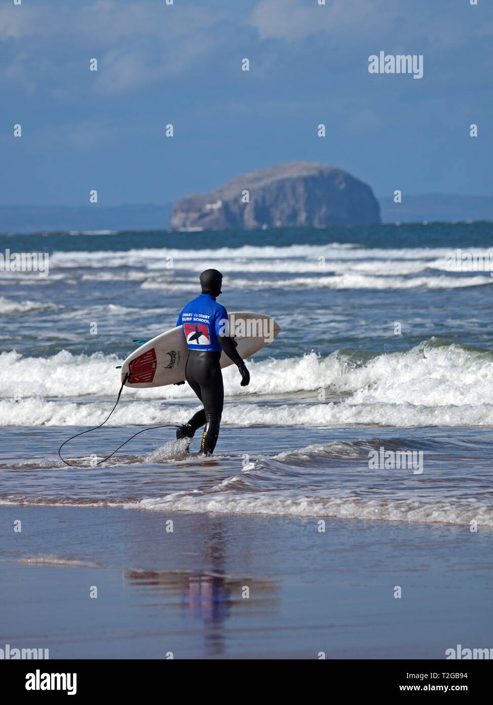 Surfeurs de Belhaven Bay avec Bass Rock en arrière-plan, Dunbar, Écosse, Royaume-Uni, Europe Banque D'Images