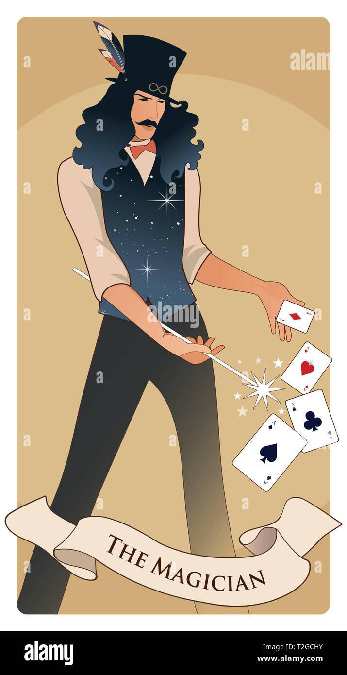 Les cartes de Tarot Arcanes majeurs. Le magicien avec moustache et chapeau, tenant une baguette magique de faire de la magie avec des cartes à jouer. Illustration de Vecteur