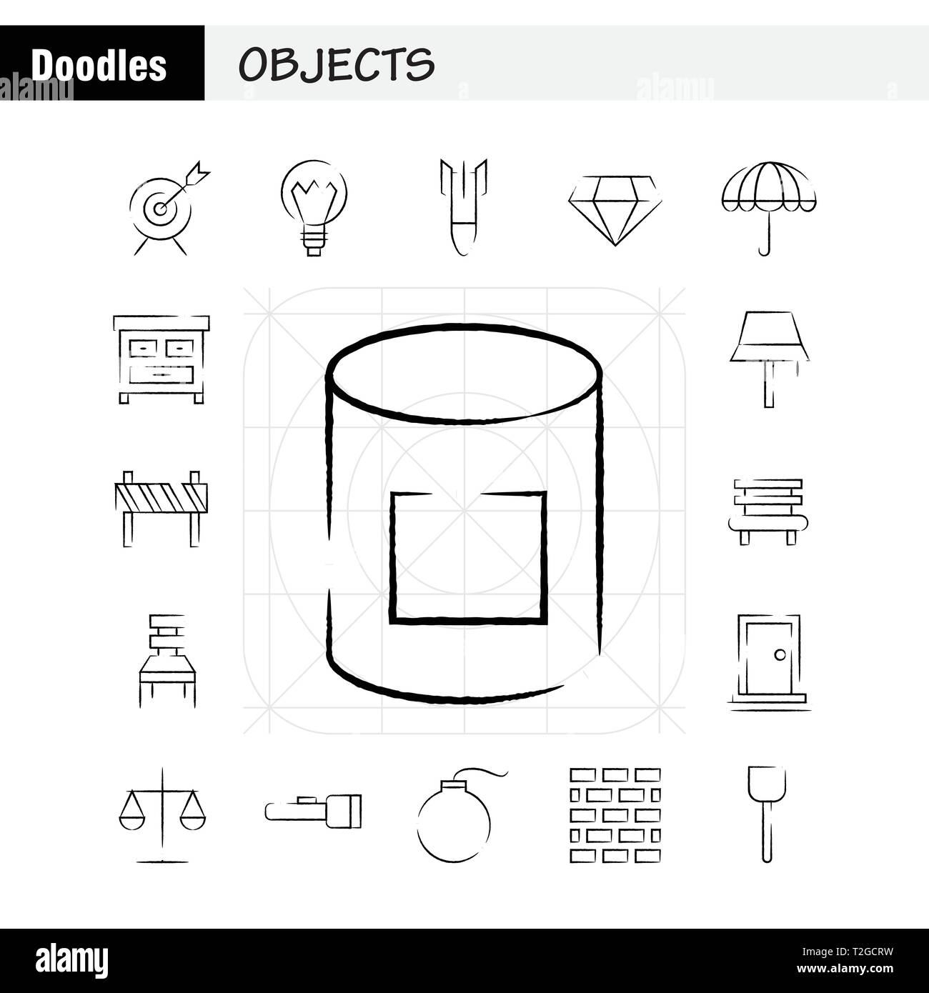 Dessiné à la main objets Icon Pack pour les concepteurs et les développeurs. Icônes des Bulls Eye, But, objectif, Objet, Lampe, lumière, idée, Vector Illustration de Vecteur