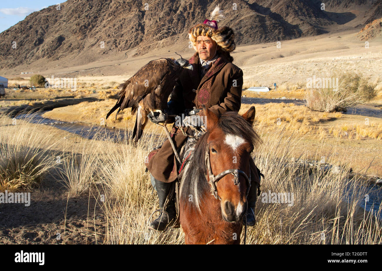 Bayan Ulgii, Mongolie, 2 octobre 2015 : eagle kazak hunter en costume traditionnel sur son cheval Banque D'Images