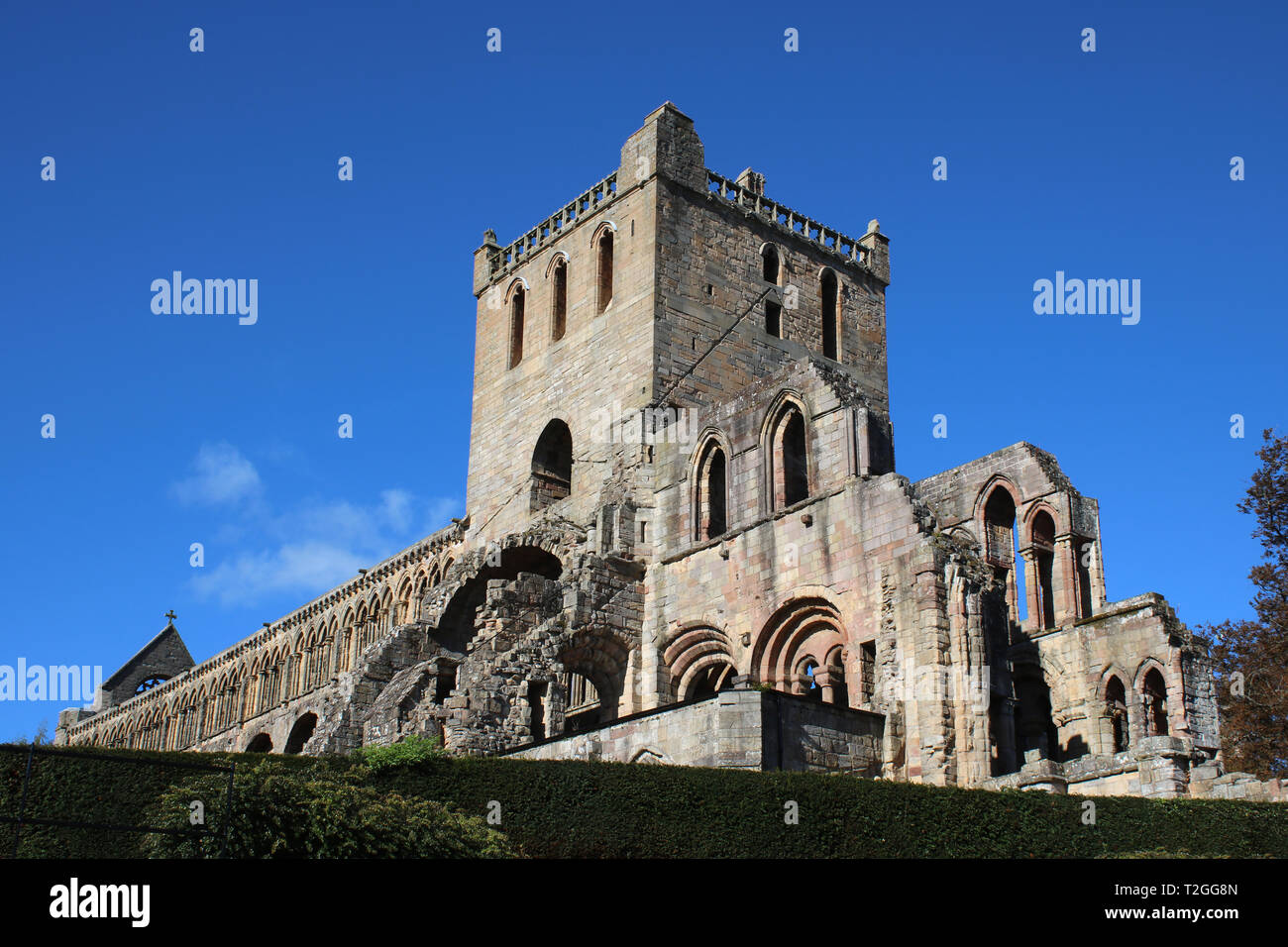 Vue des ruines de l'abbaye de Jedburgh Abbey Bridge End (route) en Jedburgh, Scottish Borders, Scotland, Royaume-Uni Banque D'Images