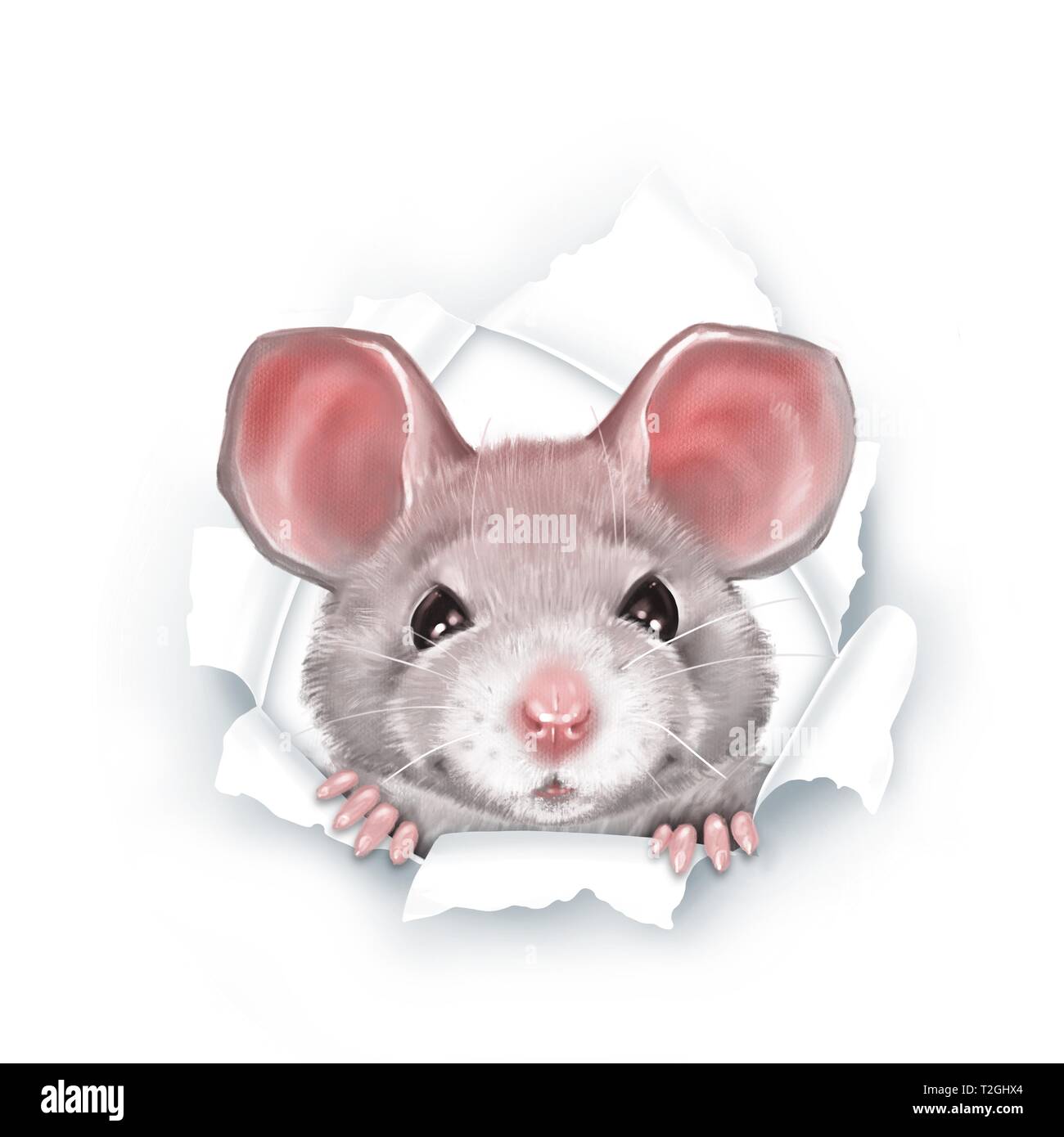 Cute cartoon gris rat, percée de papier, peinture numérique Banque D'Images