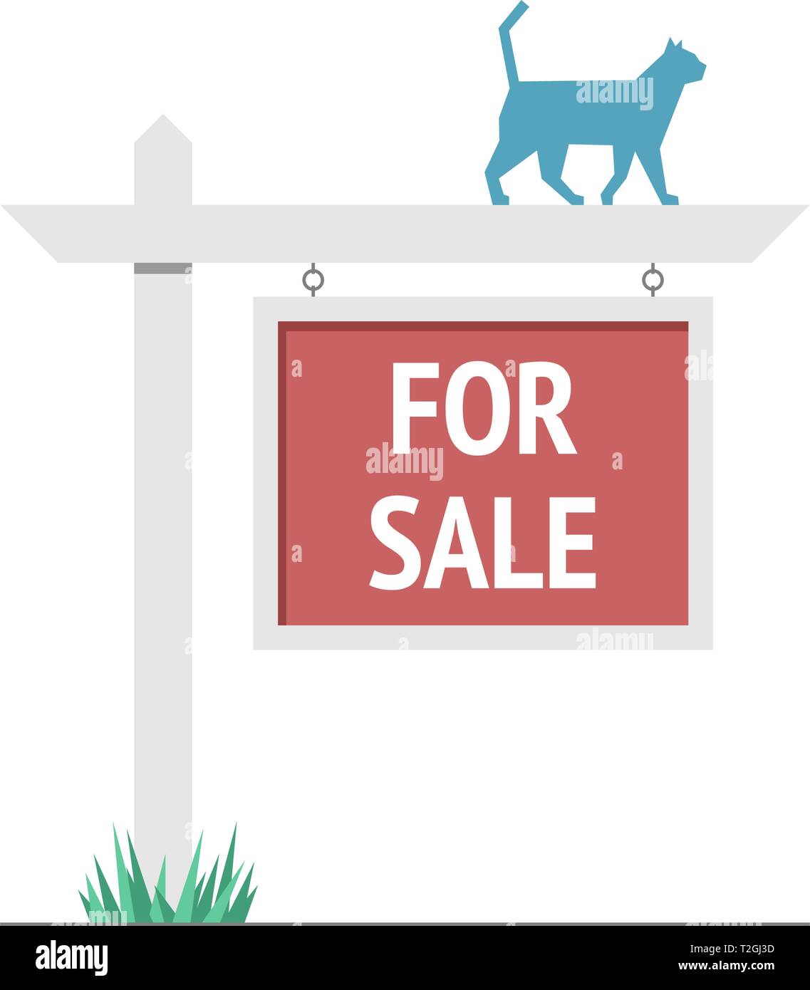 Plaque en bois à vendre avec plaque signalétique blue cat. Enseigne immobilière. Acheter ou louer une maison. Vector illustration style de télévision Illustration de Vecteur
