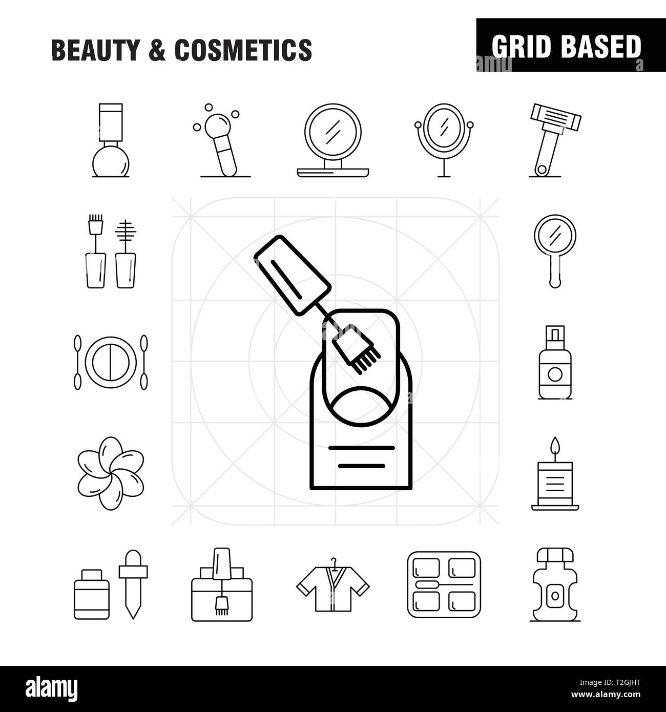 Beauté et cosmétiques ligne Icons Set pour l'infographie, Mobile UX/UI Kit et Print Design. Inclure : visage, Foundation, liquide, maquillage, Beauté, Pinceau, Mak Illustration de Vecteur