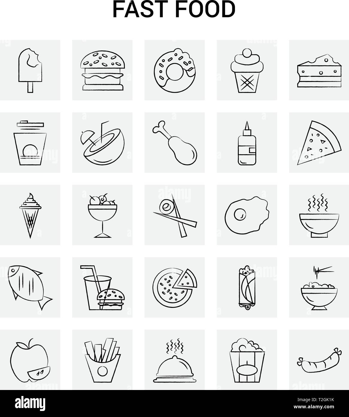 25 Hand Drawn Fast food icon set. Doodle Vecteur Fond gris Illustration de Vecteur