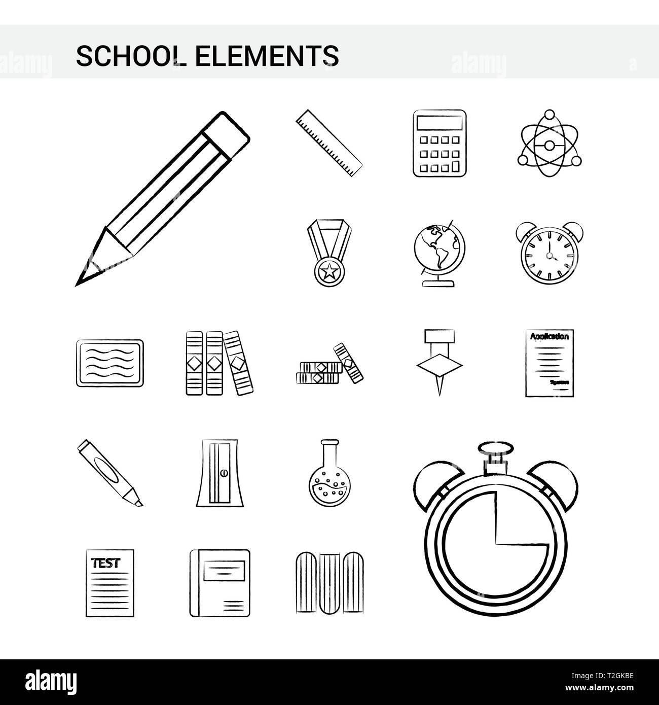 Éléments de l'école à la main style Icon Set, isolé sur fond blanc. - Vector Illustration de Vecteur