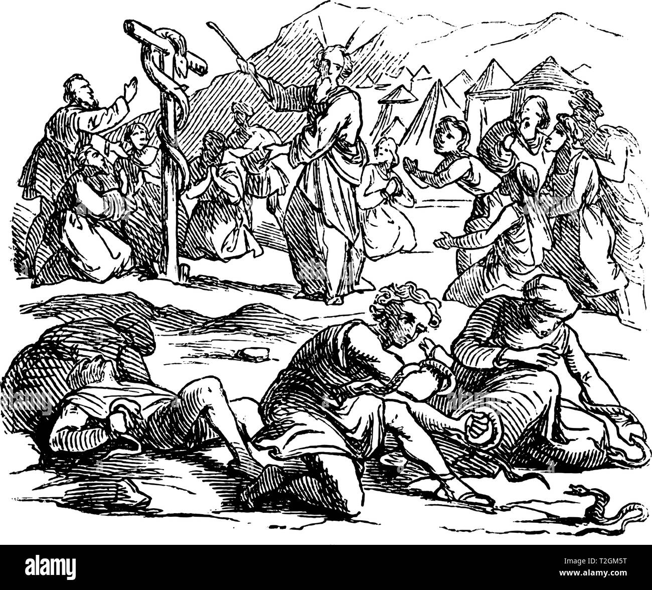 Antique Vintage illustration et dessin ou gravure d'Israël biblique spoking contre Moïse, Dieu envoie des serpents venimeux comme punition.de Illustration de Vecteur