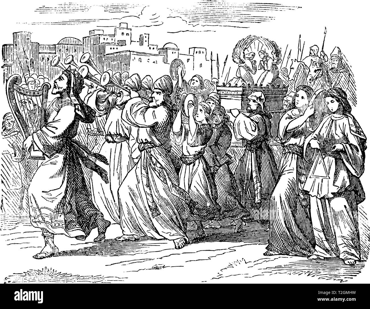 Antique Vintage illustration et dessin ou gravure d'histoire biblique sur le roi David jouant de la musique, danser et célébrer Dieu avec des gens.F Illustration de Vecteur