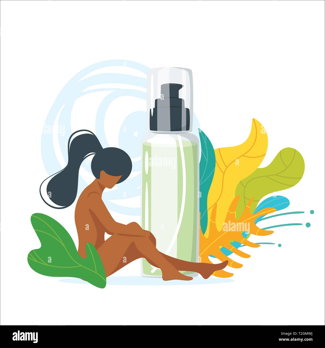 La composition avec naked belle African American Woman, soins cosmétiques produit en bouteille et vert feuilles de décorations. Illustrations vectorielles o isolés Illustration de Vecteur