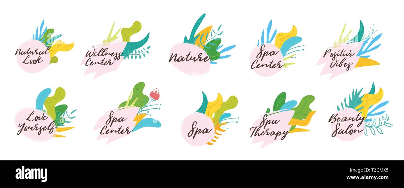 Jeu de Spa et de bien-être ou étiquettes avec des feuilles de résumé des éléments botaniques. Tag design vector illustration isolé sur fond blanc. Illustration de Vecteur Jeu de Spa et de bien-être ou étiquettes avec des feuilles de résumé des éléments botaniques. Tag design vector illustration isolé sur fond blanc. Illustration de Vecteur