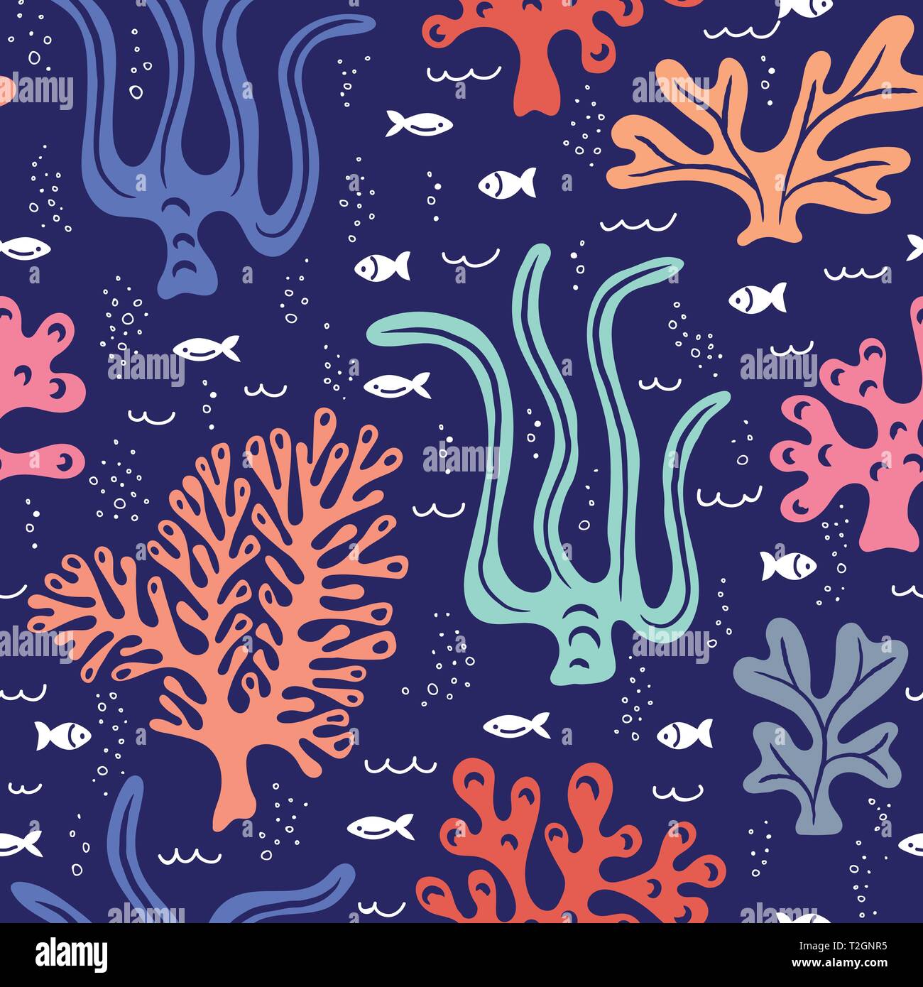 Mignon Hand-Drawn fantaisiste de la vie de la mer, poissons, coraux, algues, algues Vector Pattern transparente. Fond de l'océan pour les enfants. Télévision sous la mer Dessins Illustration de Vecteur