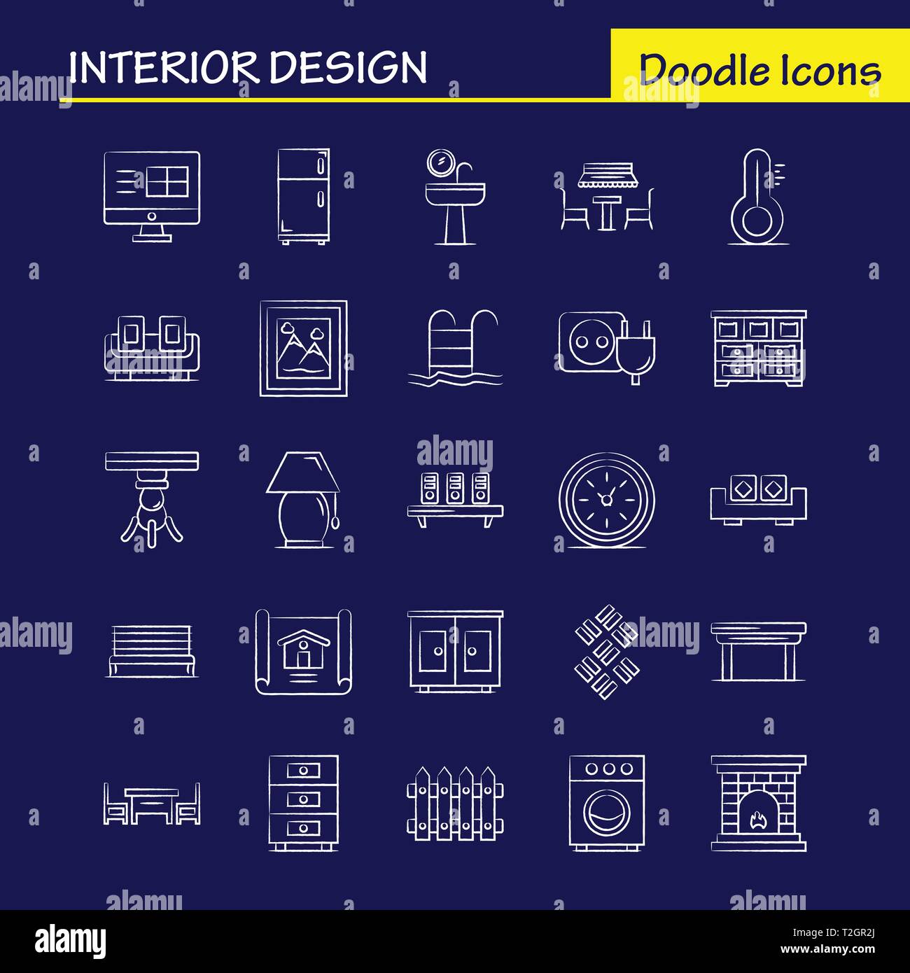 Architecture d'intérieur à la main Icons Set pour l'infographie, Mobile UX/UI Kit et Print Design. Inclure : médical, dossier, Document, tableau, Bidet, mobilier, W Illustration de Vecteur