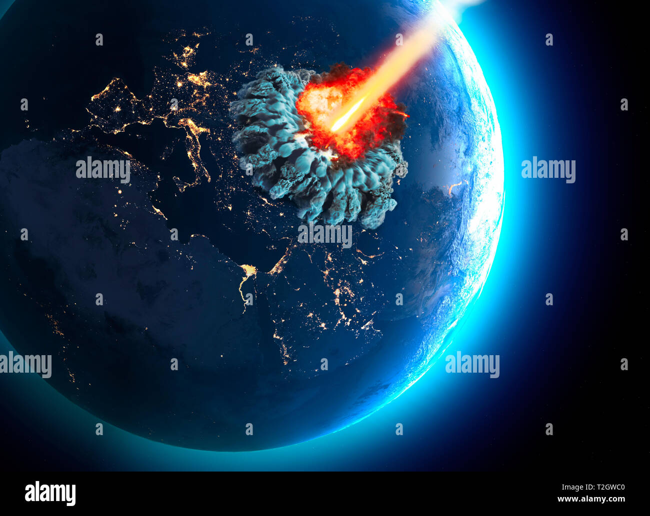 Les météorites qui frappent la terre. Explosion, cataclysme de la fin du monde. L'extinction à l'échelle mondiale. La bombe nucléaire. Le rendu 3D Banque D'Images