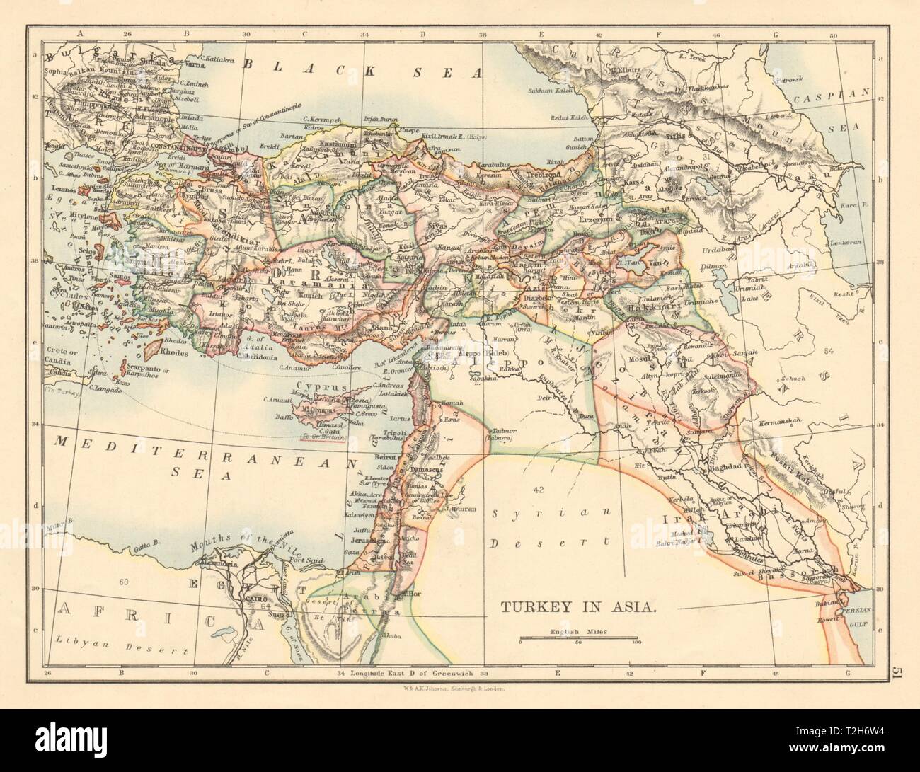 La Turquie ottomane EN ASIE Chypre Levant Mésopotamie Palestine JOHNSTON 1892 map Banque D'Images