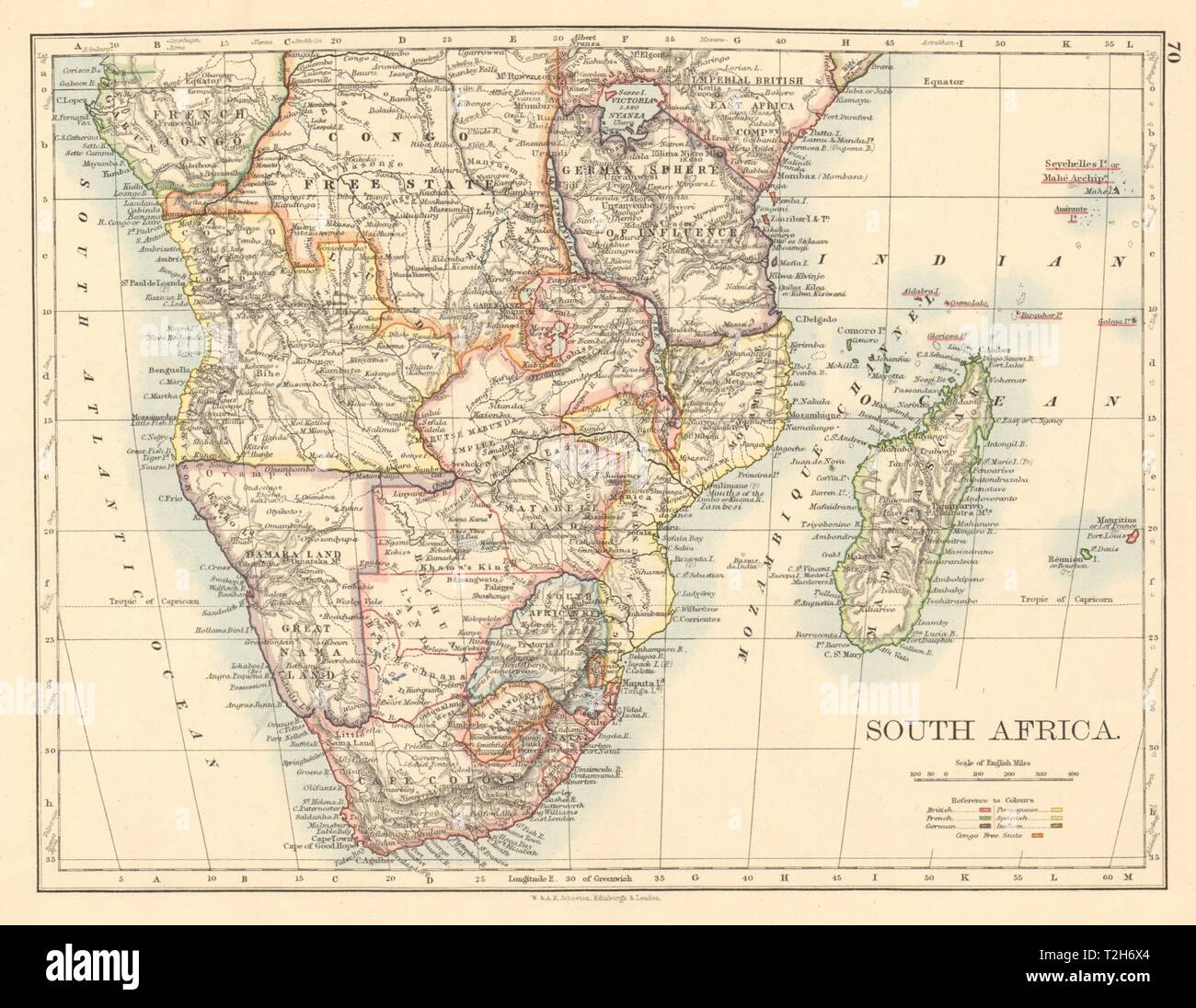 Le sud de l'Afrique coloniale britannique, allemand/français/portugais/JOHNSTON 1892 map Banque D'Images