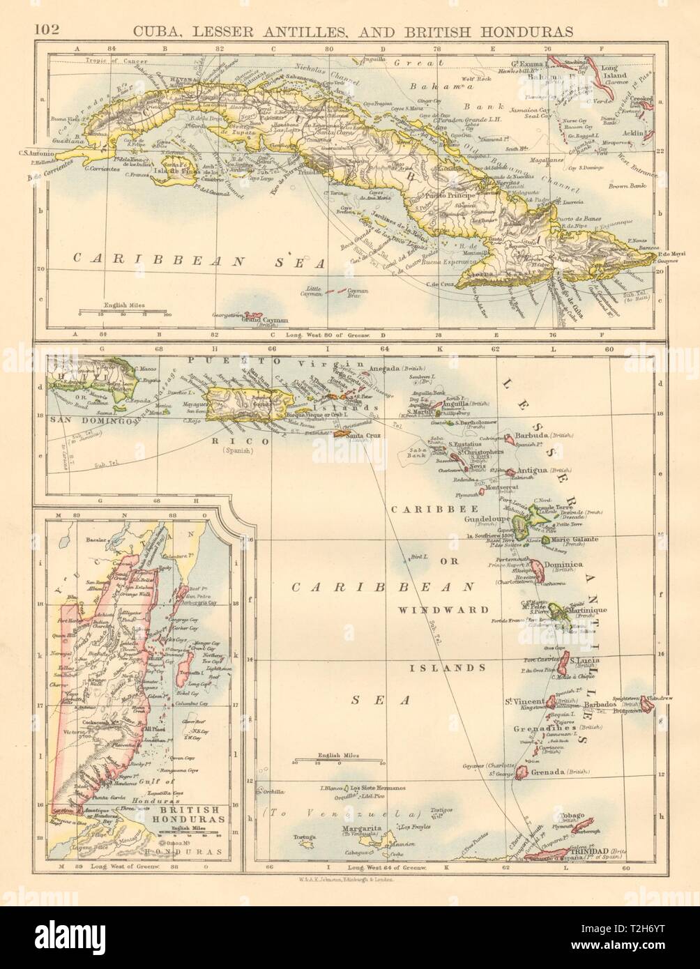 Îles des Caraïbes Cuba Honduras britannique Caribbee/Windward JOHNSTON 1892 map Banque D'Images