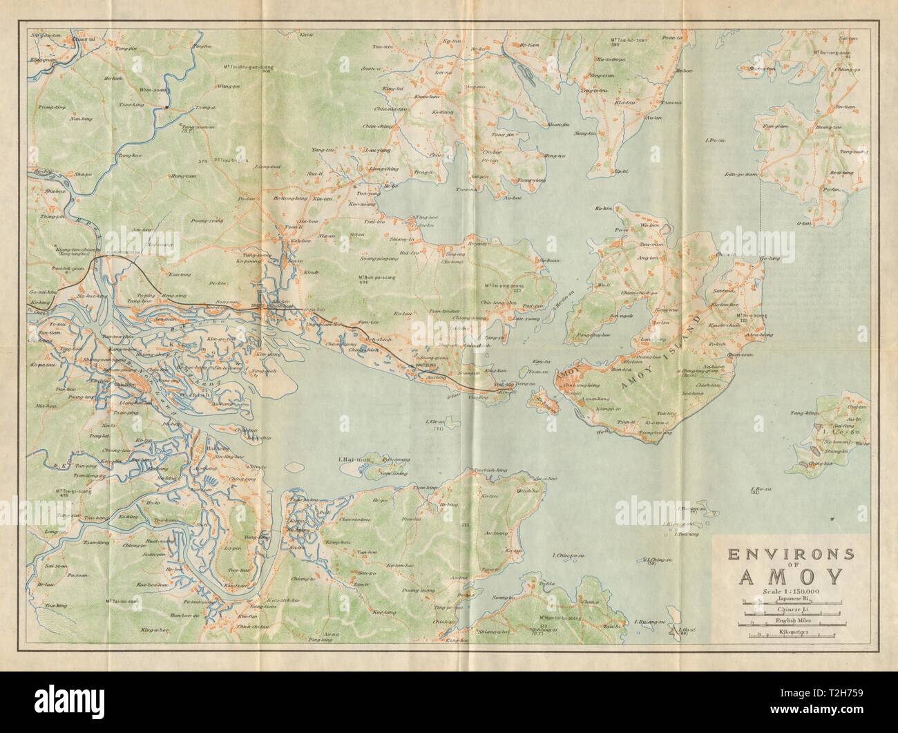 'Environs d''Amoy. Ville antique de Xiamen city plan. Chine 1924 Ancien site Banque D'Images