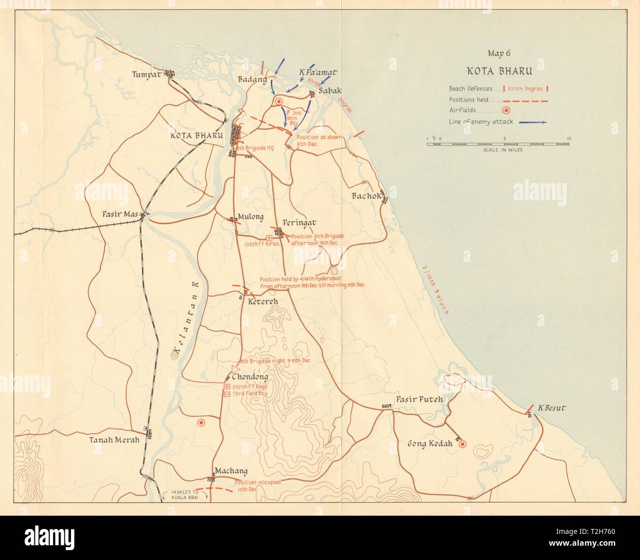 L'invasion japonaise de la Malaisie. Kota Bharu. 8 décembre 1941. Malaisie 1957 map Banque D'Images