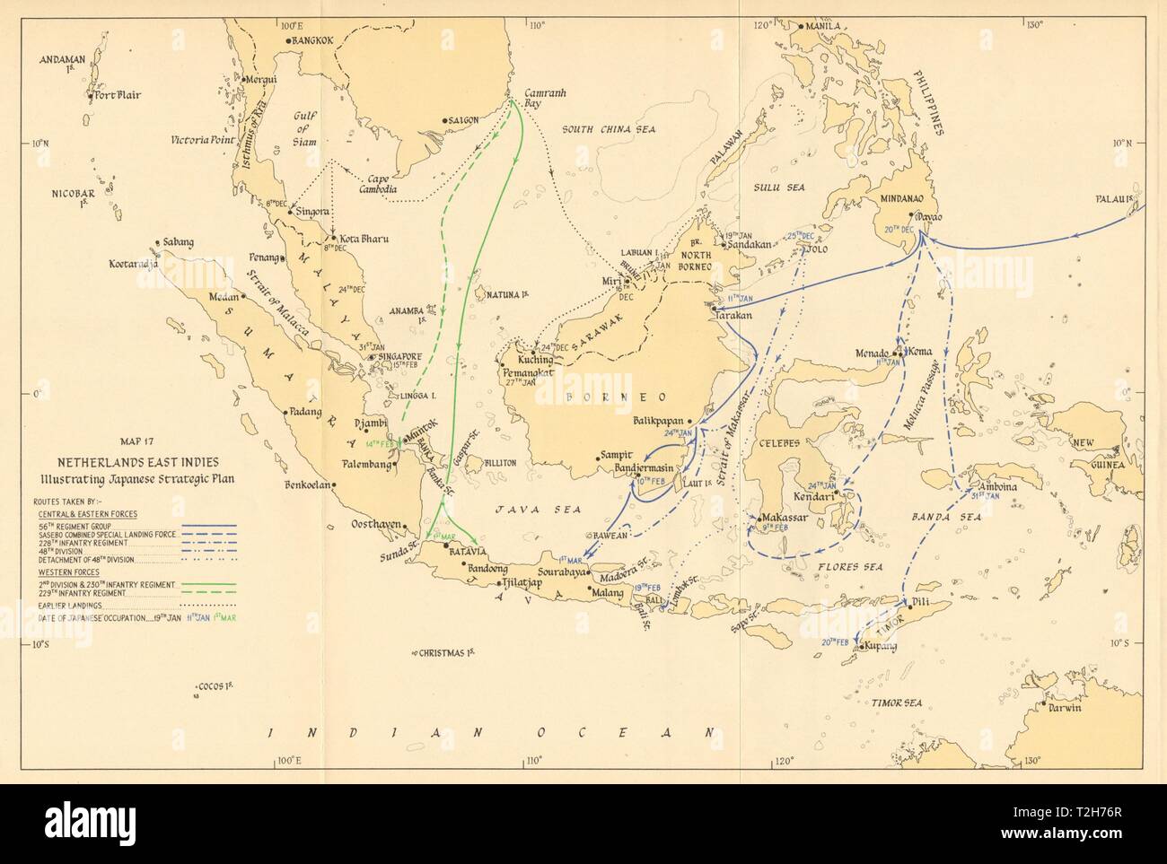 L'invasion japonaise des Indes néerlandaises. Plan stratégique 1942. Carte de l'Indonésie 1957 Banque D'Images