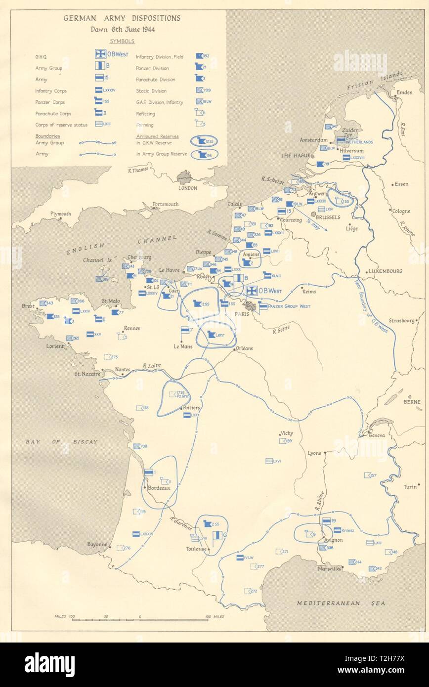 Les dispositions de l'armée allemande, l'aube du 6 juin 1944. D-Day en Normandie 1962 map Banque D'Images