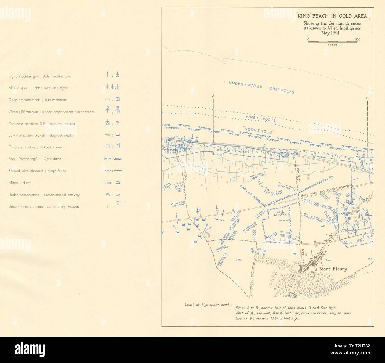 D-Day. Plage de King, de l'or. Les défenses allemandes, mai 1944. Mont Fleury 1962 map Banque D'Images