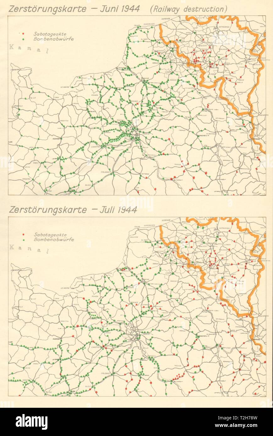 Zerstörungskarte Juin & Juillet 1944 Destruction ferroviaires France Belgique 1962 map Banque D'Images