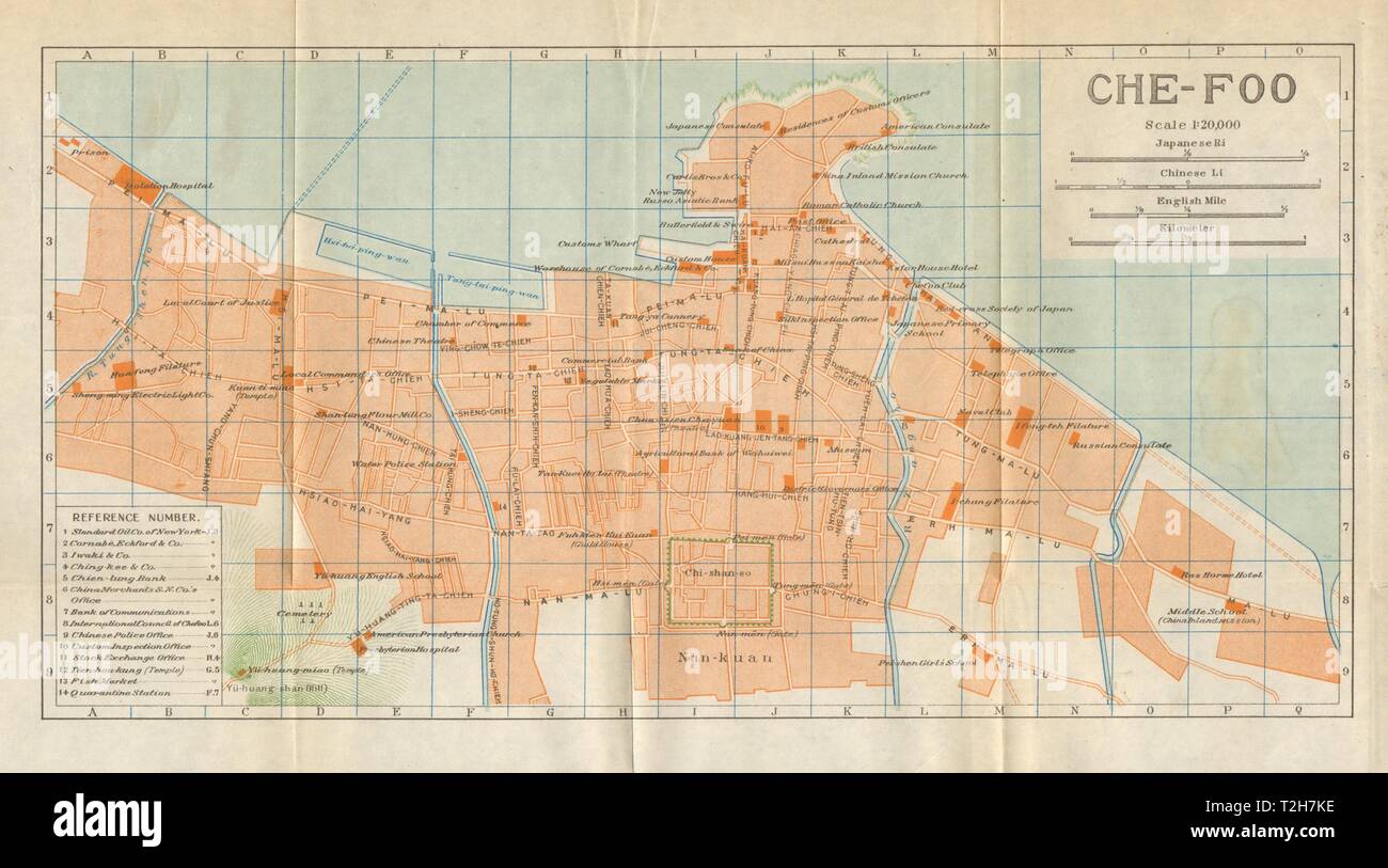 'Chefoo'. Yantai ville antique plan de la ville. Chine 1924 vieille carte graphique Banque D'Images