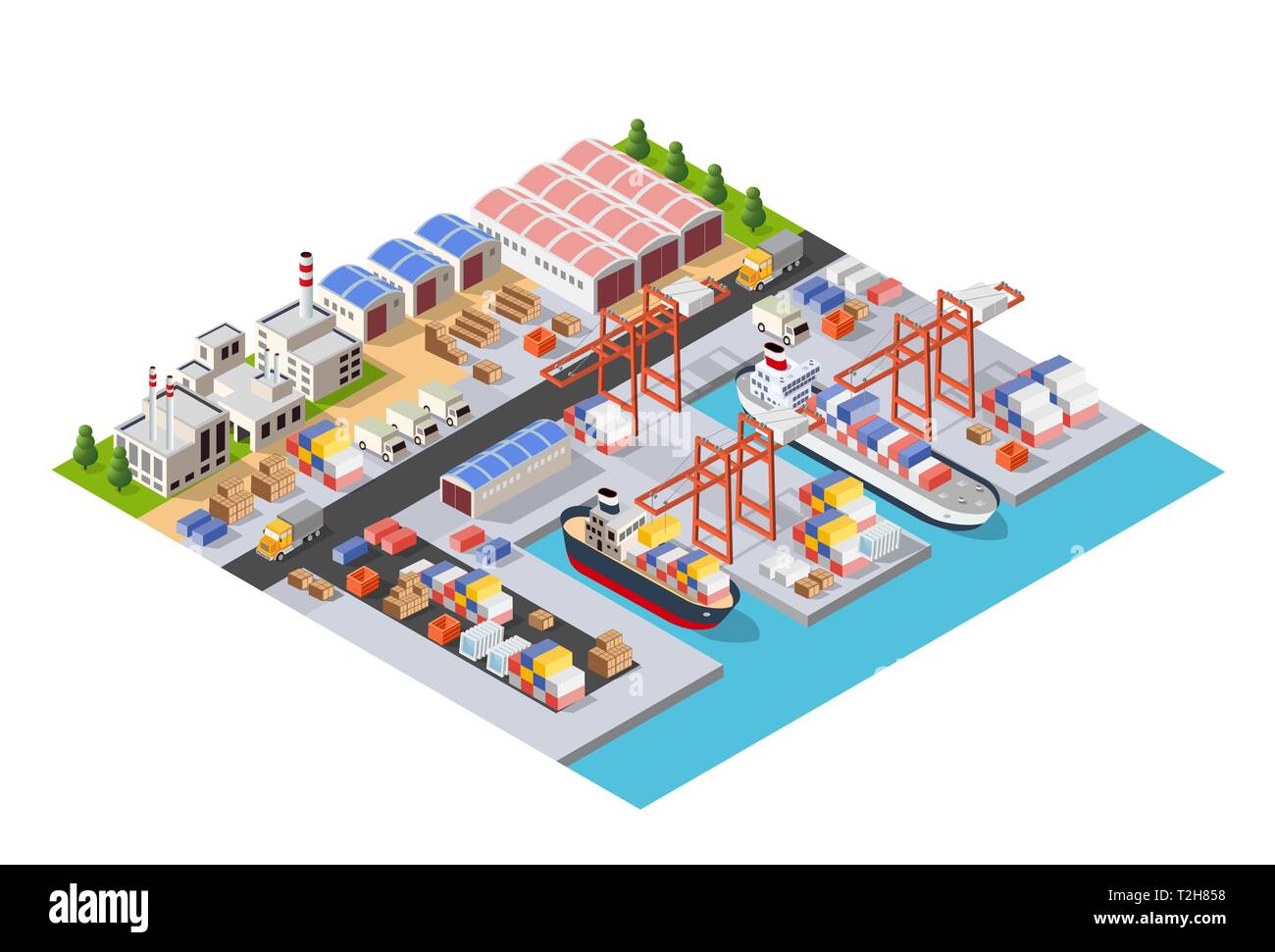 Ville isométrique Boulevard avec un port industriel avec régulation et transports bateau et les navires de transport nautique sur la mer pour les vacances voyage tour Illustration de Vecteur