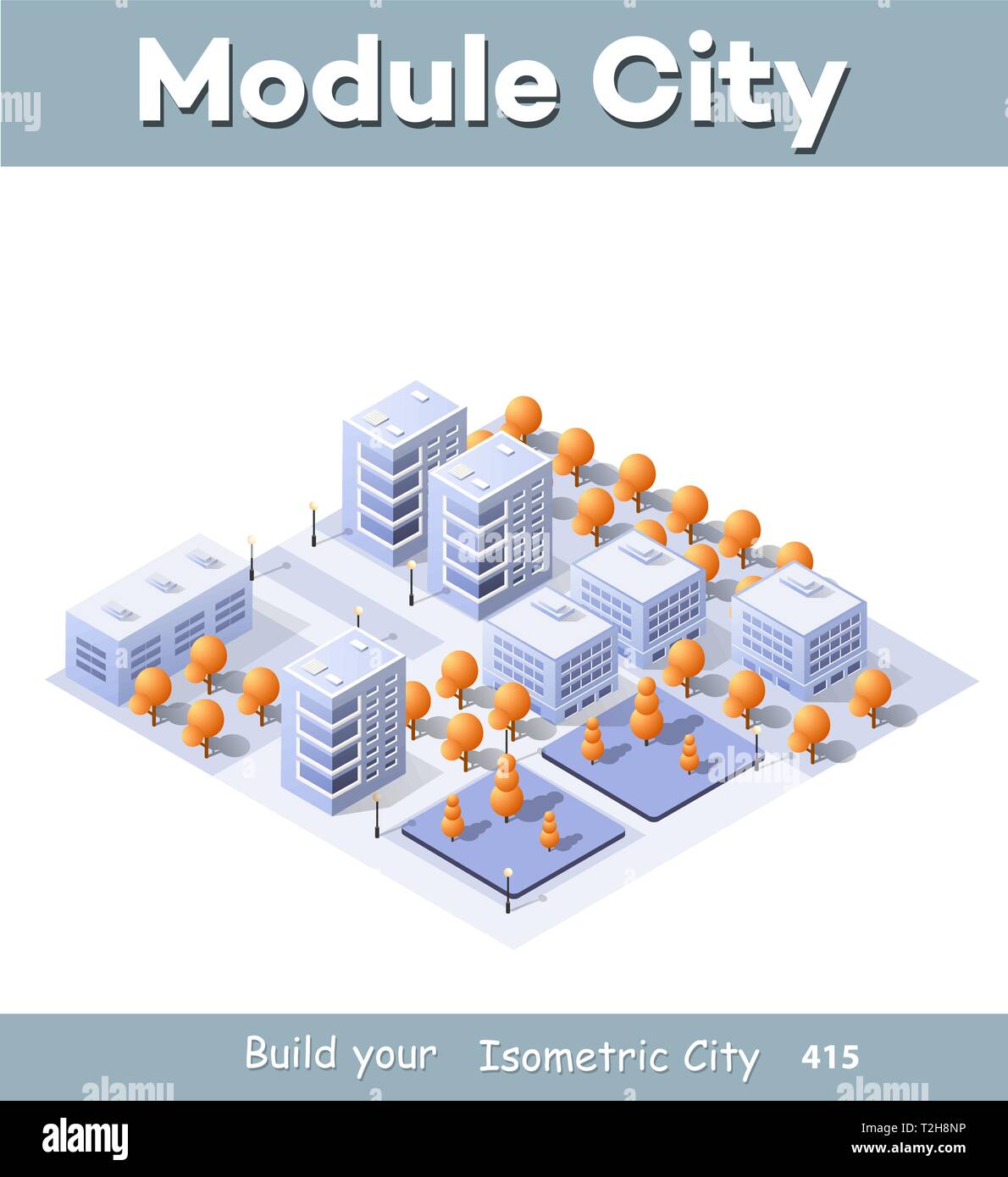 Illustration isométrique ville megapolis trimestre avec des rues, des gratte-ciel, arbres et maisons. Paysage urbain Vue de dessus Illustration de Vecteur