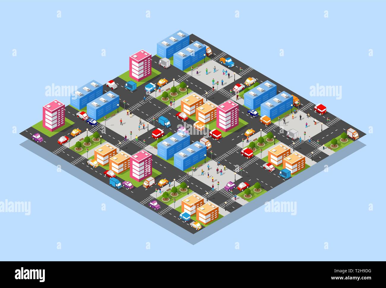 Illustration isométrique ville megapolis trimestre avec des rues, des gratte-ciel, arbres et maisons. Paysage urbain Vue de dessus Illustration de Vecteur