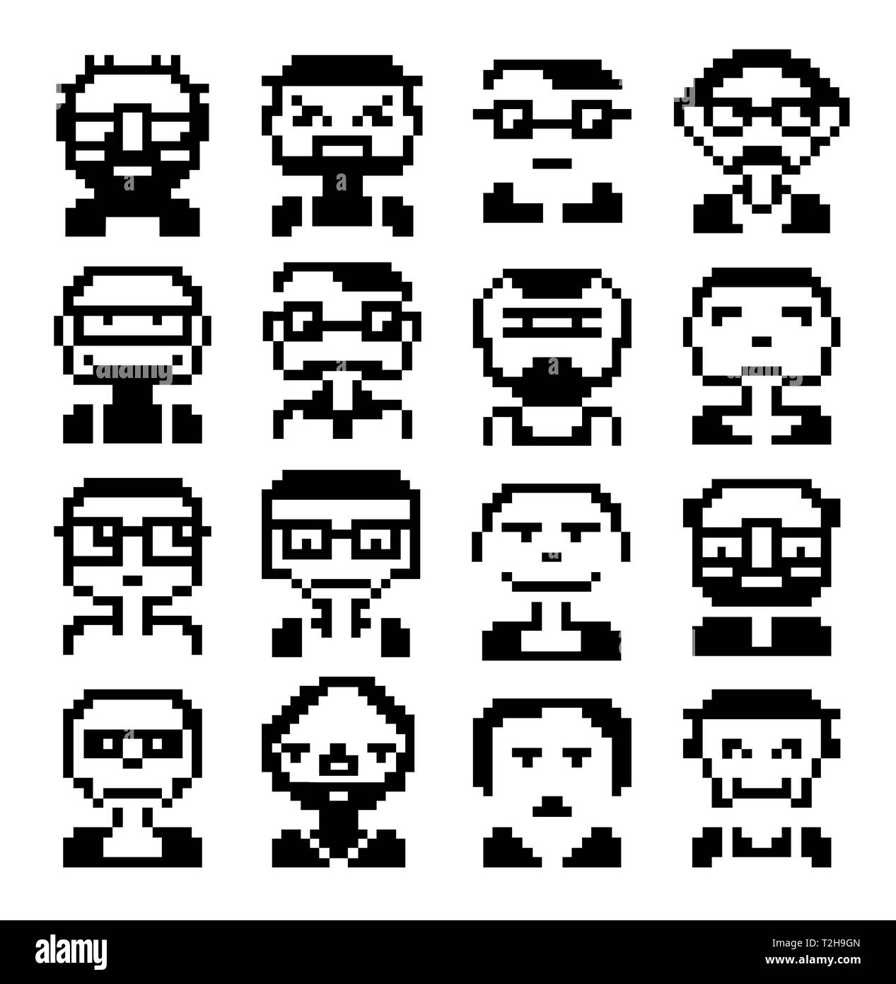 Icônes de visages pixel style pictogramme graphique de l'homme et de la fun people visages féminins Illustration de Vecteur