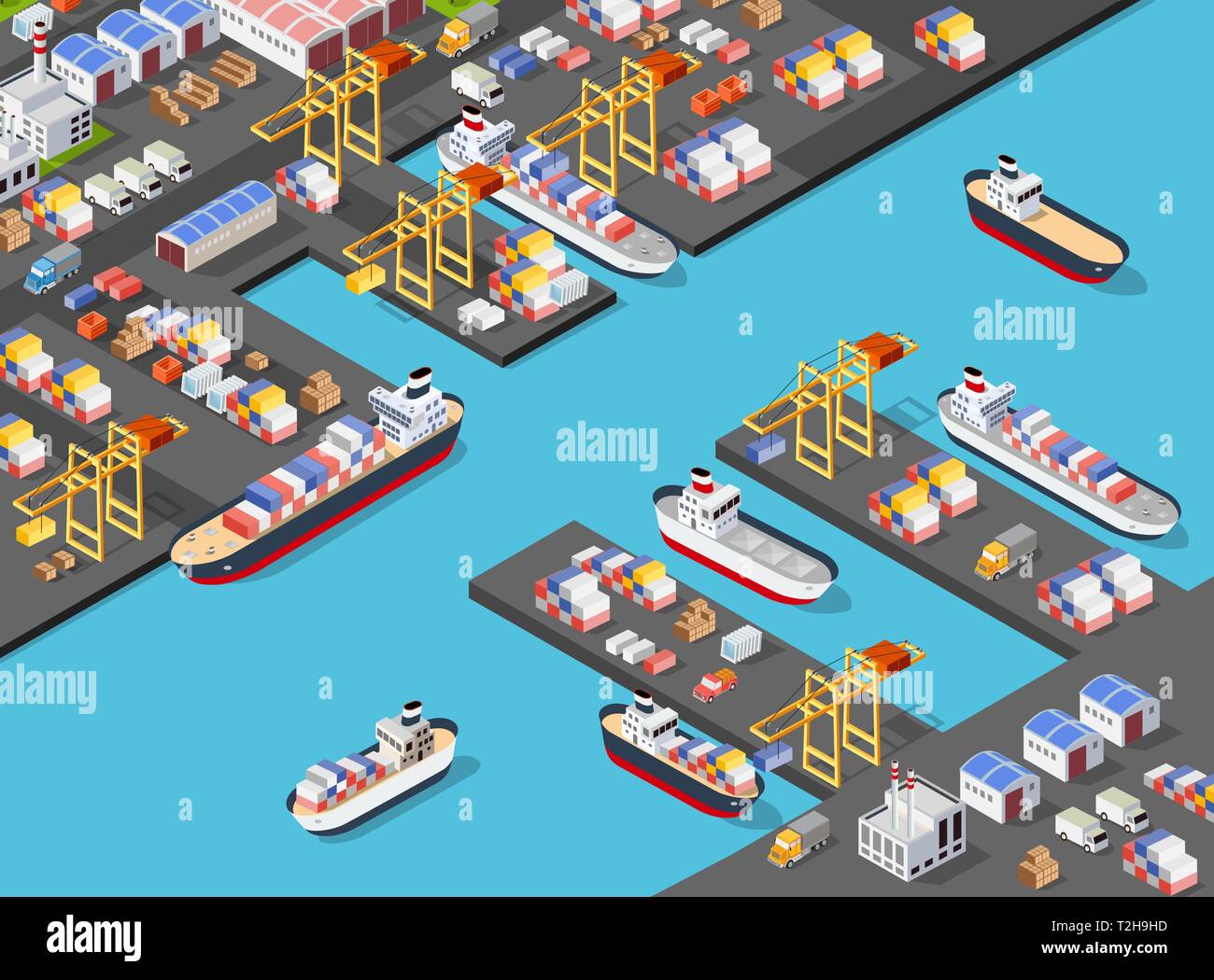Port isométrique du fret cargo port maritime en mer avec le navire de transport de conteneurs grue illustration logistique Illustration de Vecteur