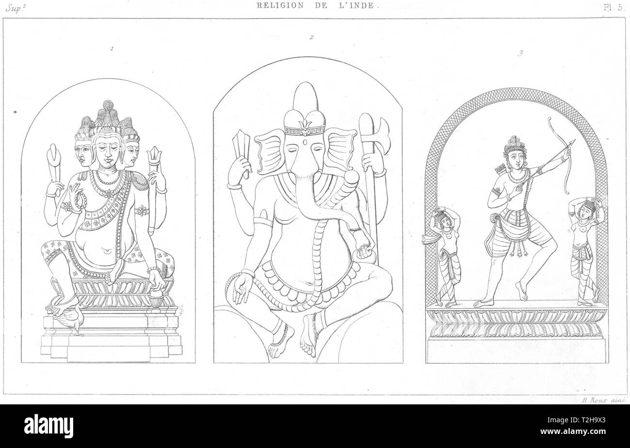 L'Inde. La religion de l'Inde. Brahma ; Ganesa ; Camadeva 1879 vieux ancien Banque D'Images