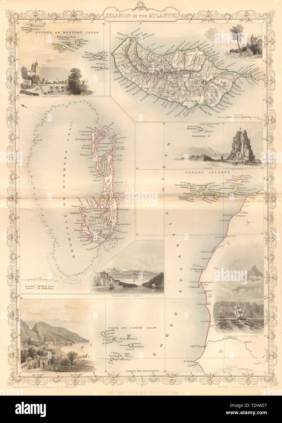 Îles de l'Atlantique. Les Bermudes Canaries Madère.Tenerife vue.TALLIS/RAPKIN carte 1849 Banque D'Images