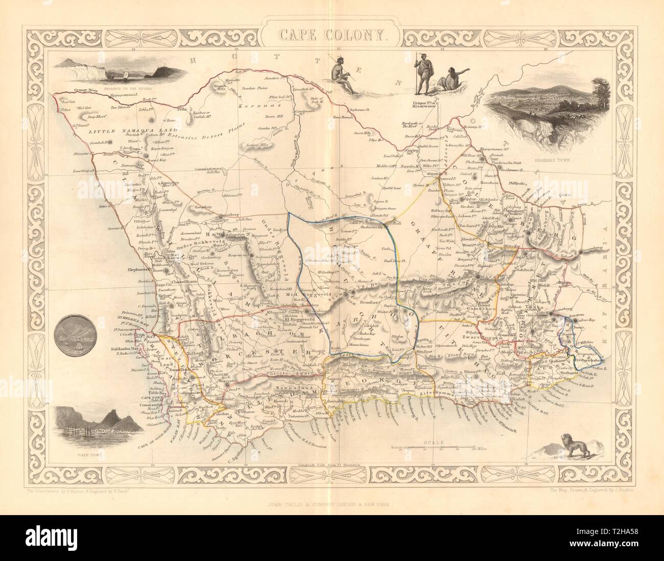 La colonie du Cap. Cape Town & Grahamstown vues. L'Afrique du Sud.La carte 1849 TALLIS/RAPKIN Banque D'Images