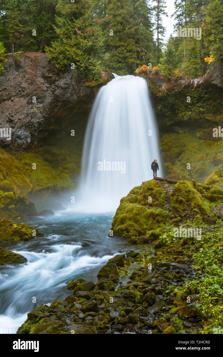 Personne en face d'une cascade, Sahalie Falls, Oregon, USA Banque D'Images