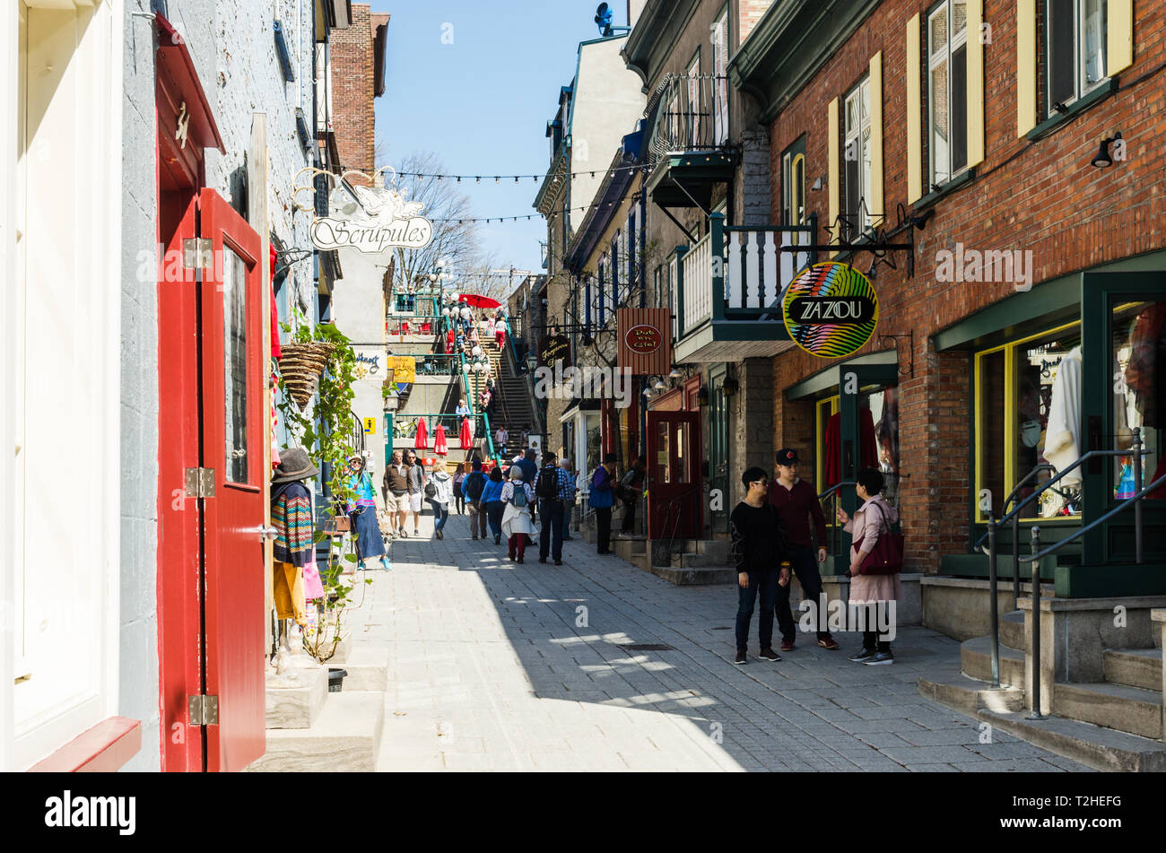 Rue du Petit Champlain et Escalier Casse-Cou (étapes de l'Éclair), Québec, Canada Banque D'Images