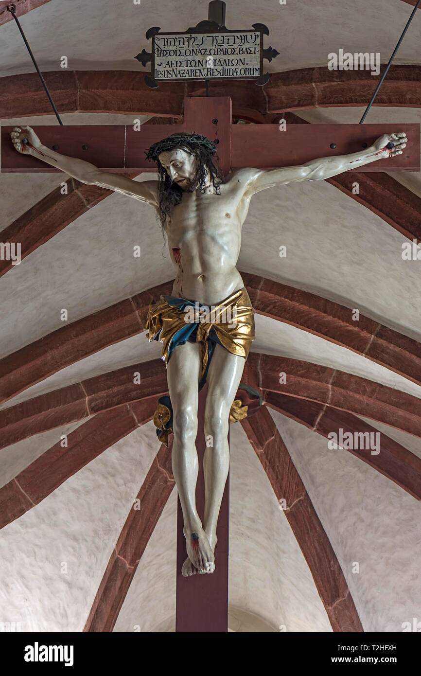 Crucifix en bois avec des cheveux humains, fin du Moyen Âge, St Johanniskirche, gunzenhausen, Middle Franconia, Bavaria, Germany Banque D'Images